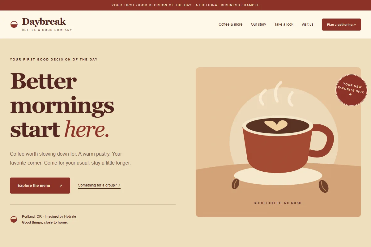 Screenshot of the fictional Daybreak coffee shop website