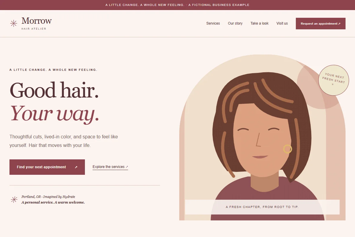 Screenshot of the fictional Morrow hair salon website